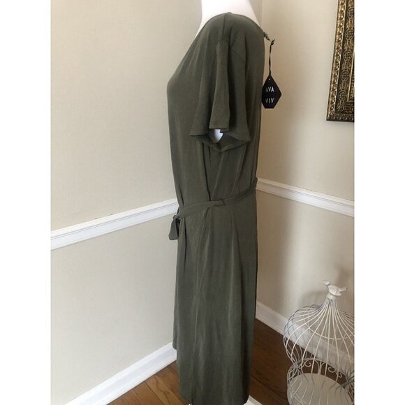 NWT Ava & Viv Size X Olive Green Maxi Midi Dress Short Sleeve Belted - Picture 3 of 8